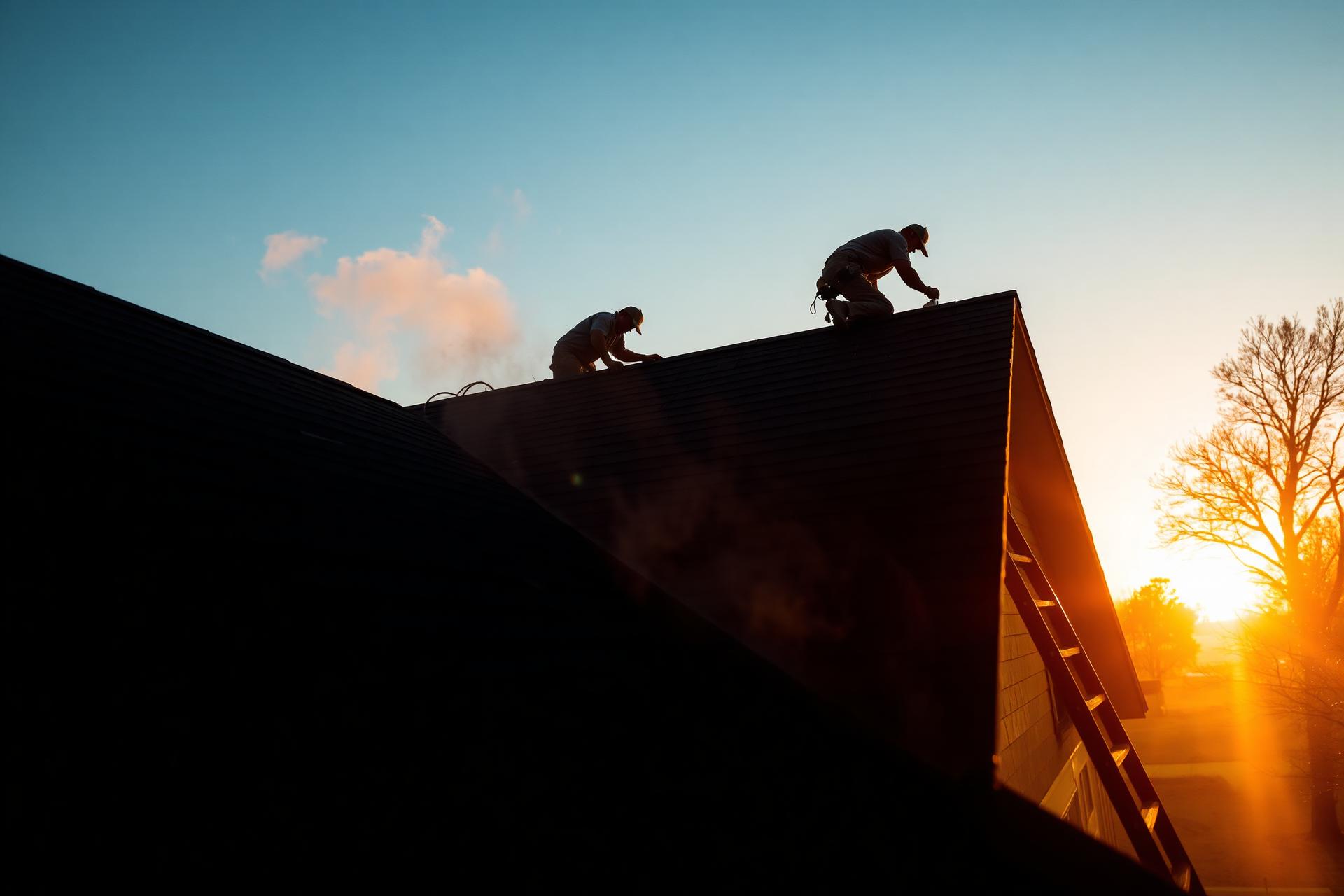 Top Priority roofers installing shingles at sunset in Oklahoma